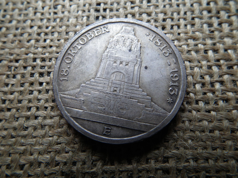 Szász , ezüst 3 márka 1913 E , mark , Lipcsei csata
