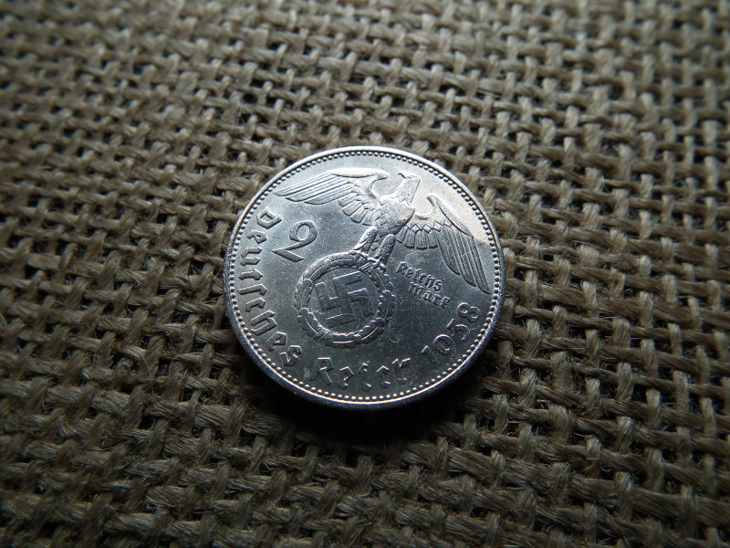 Birodalmi , ezüst 2 márka 1938 F , Horogkeresztes 