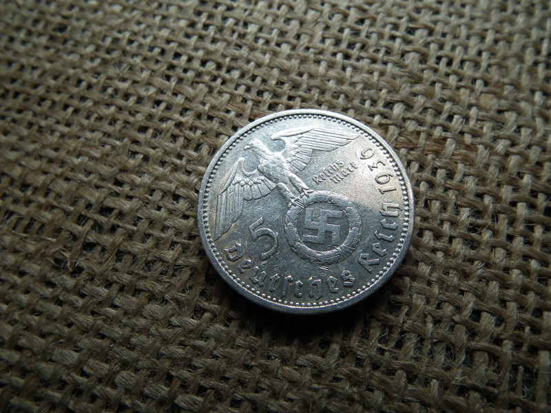 Birodalmi , ezüst 5 márka 1936 G , Horogkeresztes 
