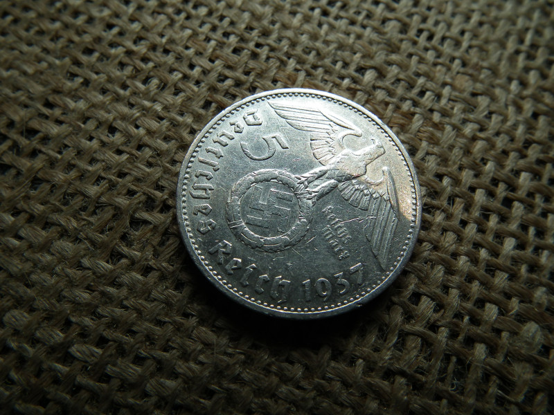 Birodalmi , ezüst 5 márka 1937 G  , Horogkeresztes 