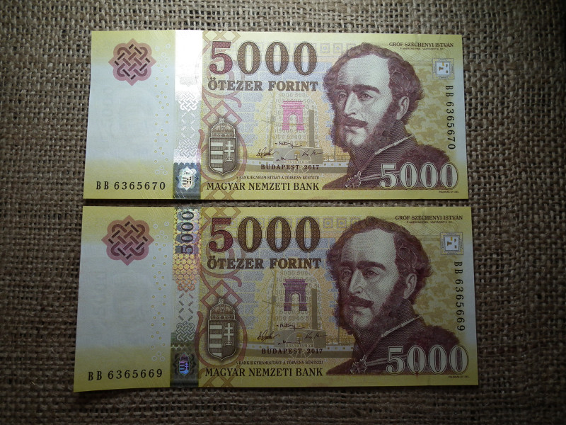 5000 forint  2017 BB , UNC , 2 db sorszámkövető 
