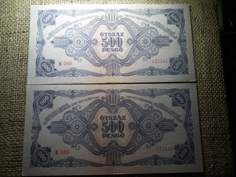 500 pengő 1945 , 2 db sorszámkövető , nagyon szép 