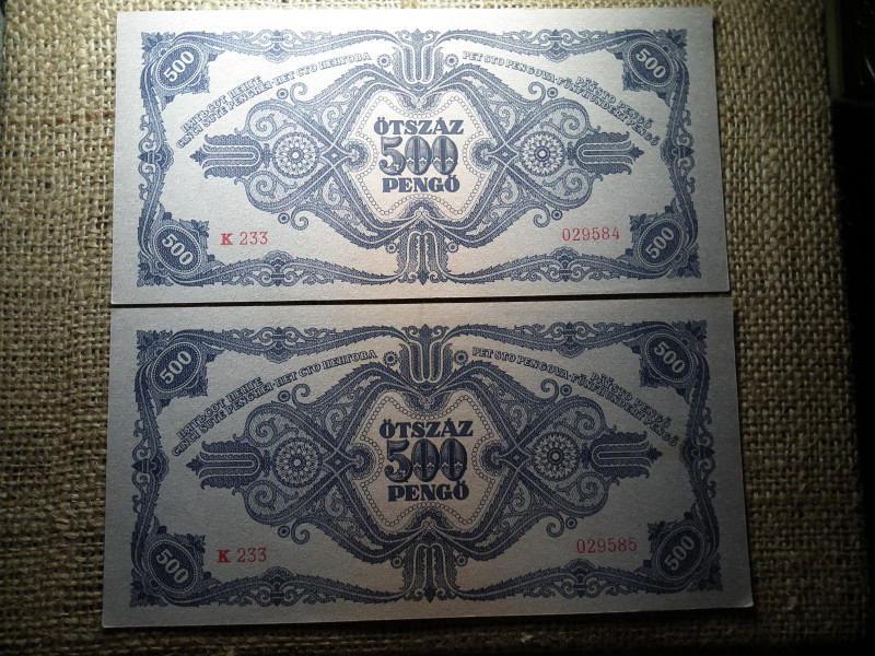 500 pengő 1945 , 2 db sorszámkövető , nagyon szép 