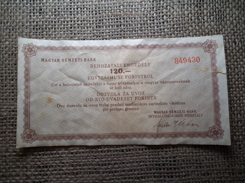 Behozatali engedély , Magyar Nemzeti Bank , 120 forint , devizagazdálkodási osztály 