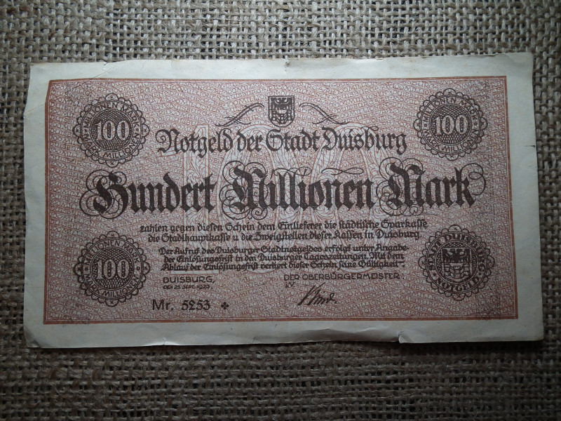 100 millió márka 1923 Duisburg , hundert millionen mark 