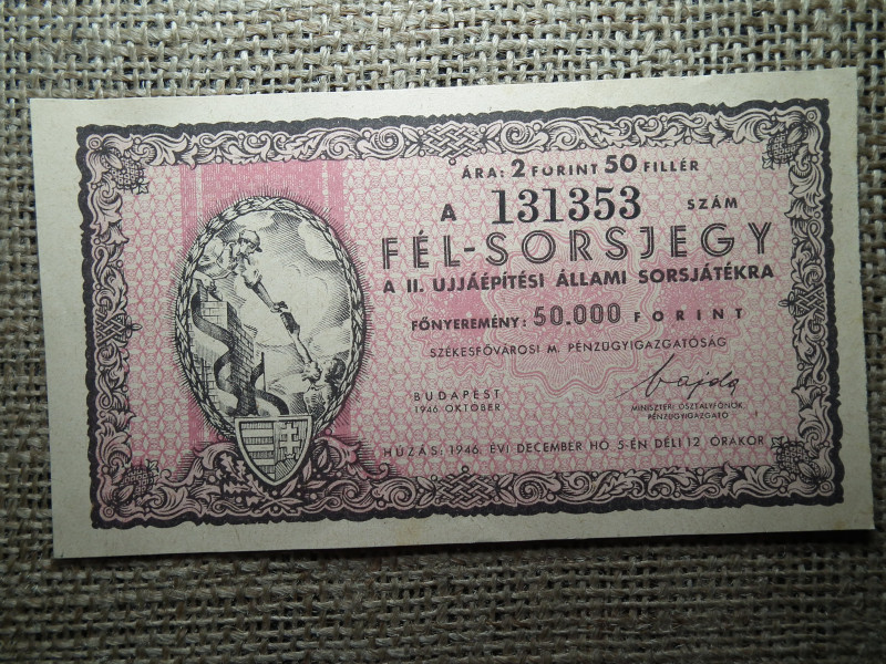 Fél-sorsjegy 1946 - II. újjáépítési állami sorsjáték , hajtatlan