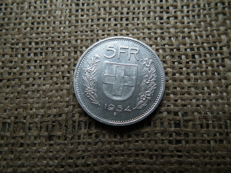 Svájc , ezüst 5 frank 1954 B , francs 