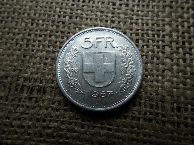 Svájc , ezüst 5 frank 1967 B , francs 