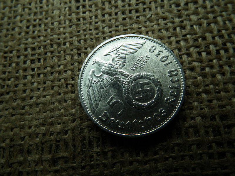 Birodalmi ezüst 5 márka 1938 D , Nagy sasos - horogkeresztes , extra