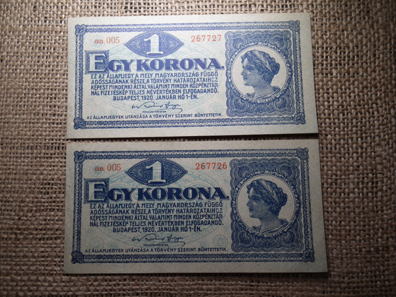 1 korona 1920 , 2 db extra , hajtatlan , 2 db sorszámkövető 