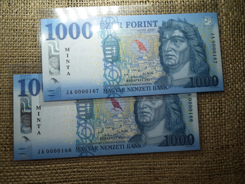 1000 forint 2021 JA , UNC , alacsony sorszám , MINTA , ritka , 2 db sorszámkövető 