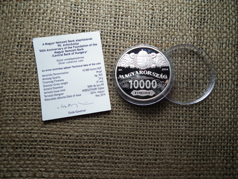 Ezüst 10000 forint 2014 PP - Az MNB alapításának 90. évfordulójára  + certi , D
