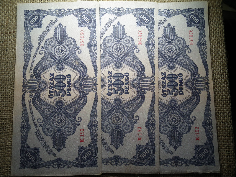 500 pengő 1945 3 db sorszámközeli 