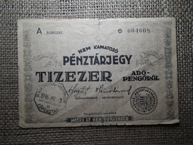 Tízezer nem kamatozó Pénztárjegy 1946 ,  10000 adópengő 