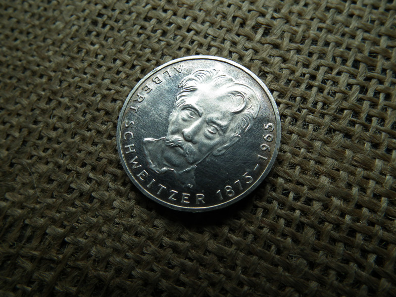 Németország , ezüst 5 márka 1975 G , Albert Schweitzer