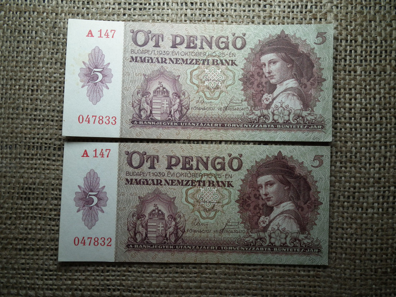 5 pengő 1939 , 2 db hajtatlan , sorszámkövető