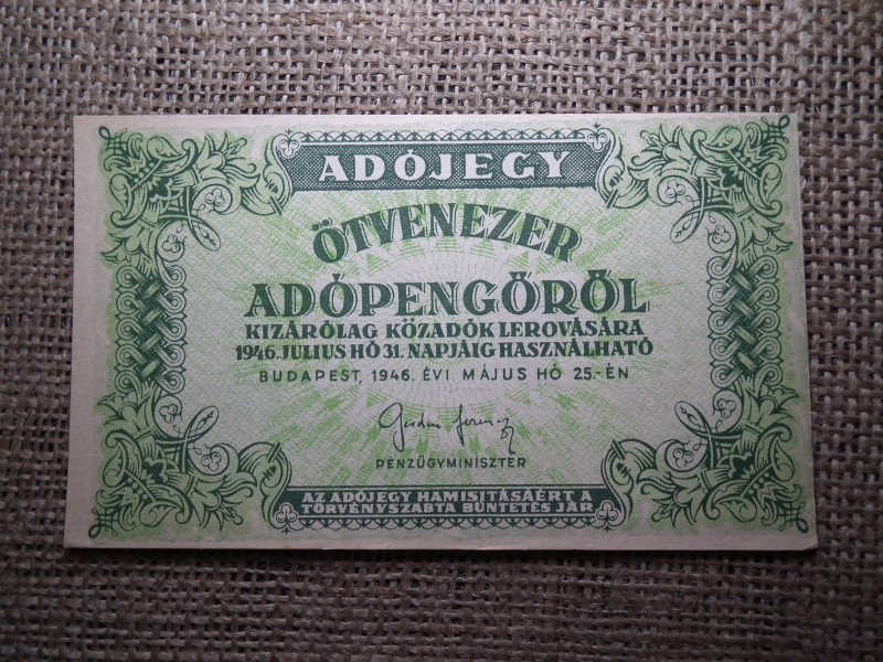 Ötvenezer Adópengő 1946 , sorszám nélkül , vízjel nélkül 