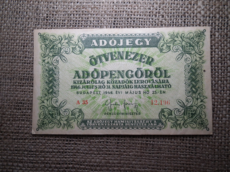Ötvenezer Adópengő 1946 , sorszámos , vízjeles 