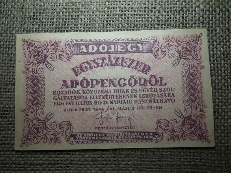 Százezer Adópengő 1946 , sorszám nélkül ,vízjeles 