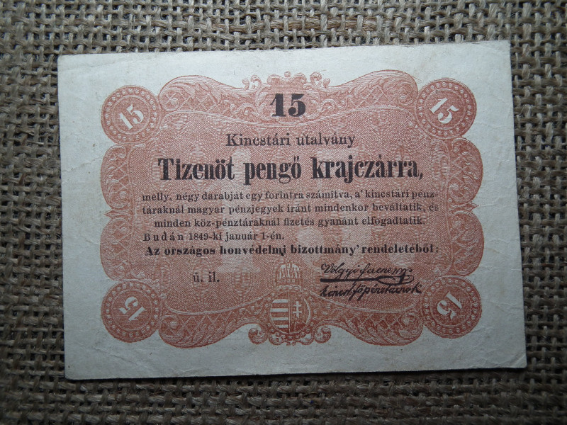 Kossuth Bankó , 15 krajcár 1849 , nagyon szép !