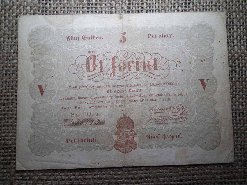 Kossuth Bankó , 5 forint 1848 , nagyon szép ! Barna 