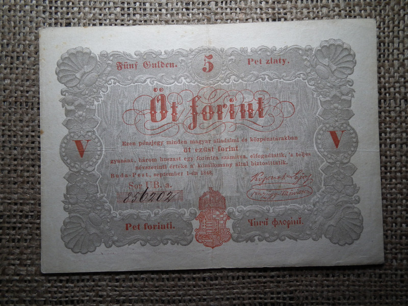 Kossuth Bankó , 5 forint 1848 , nagyon szép ! Piros 