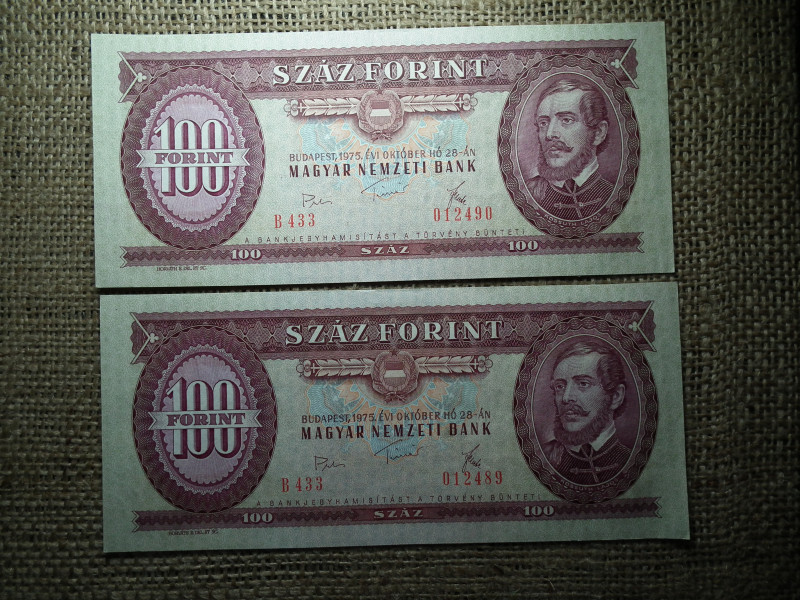 100 forint 1975 , 2 db sorszámkövető 