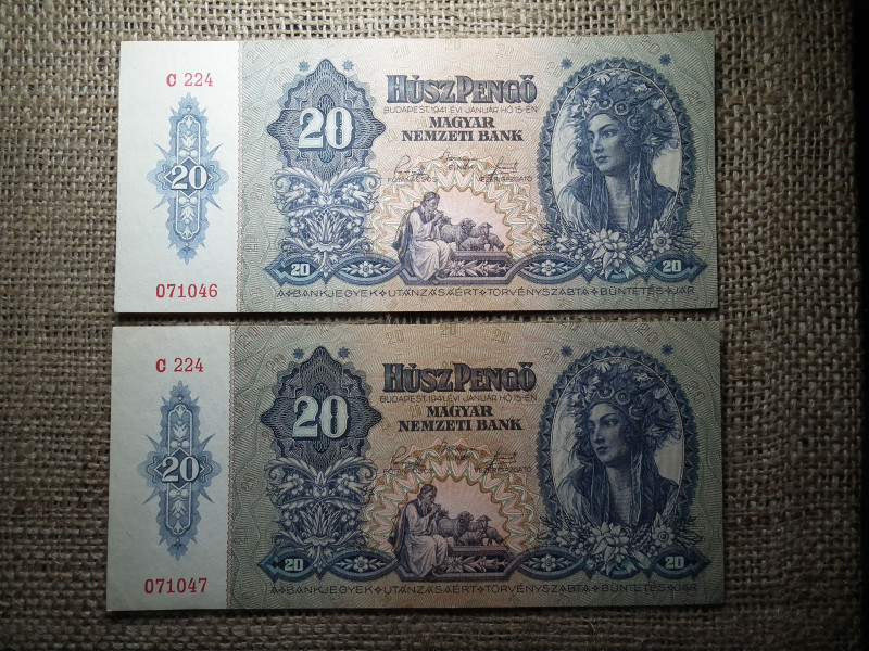 20 pengő 1941 , 2 db sorszámkövető 