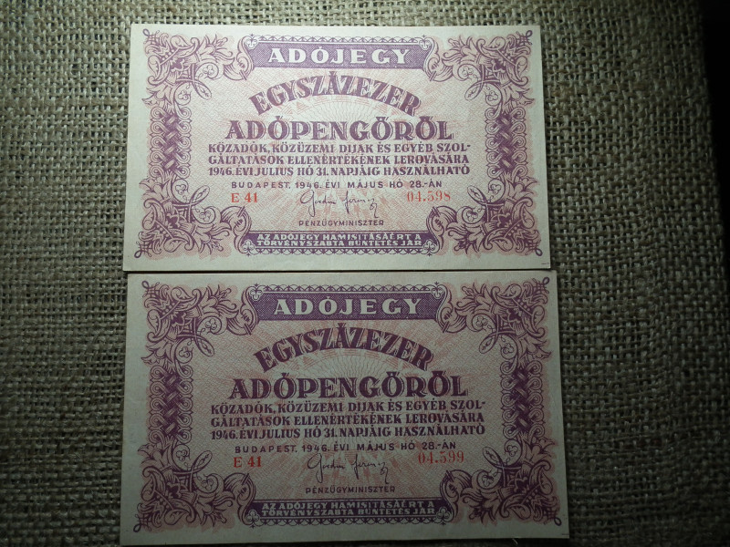 Százezer Adópengő 1946 , sorszámos , vízjeles , 2 db sorszámkövető 