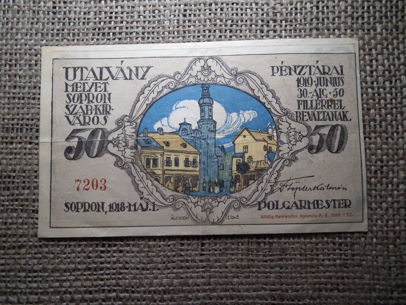 Sopron Város 50 Fillér Utalvány 1918 