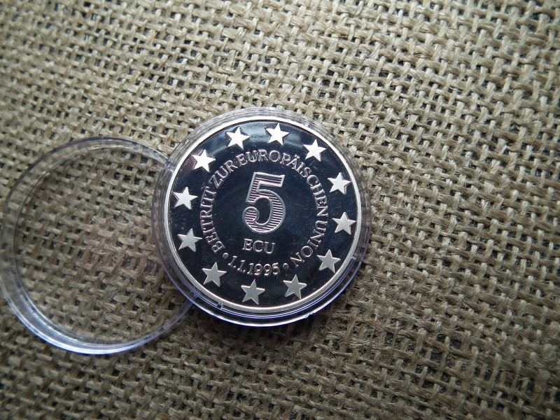 Ausztria , ezüst 5 ecu 1995 ,  sterling , 925/1000 , 20 g 