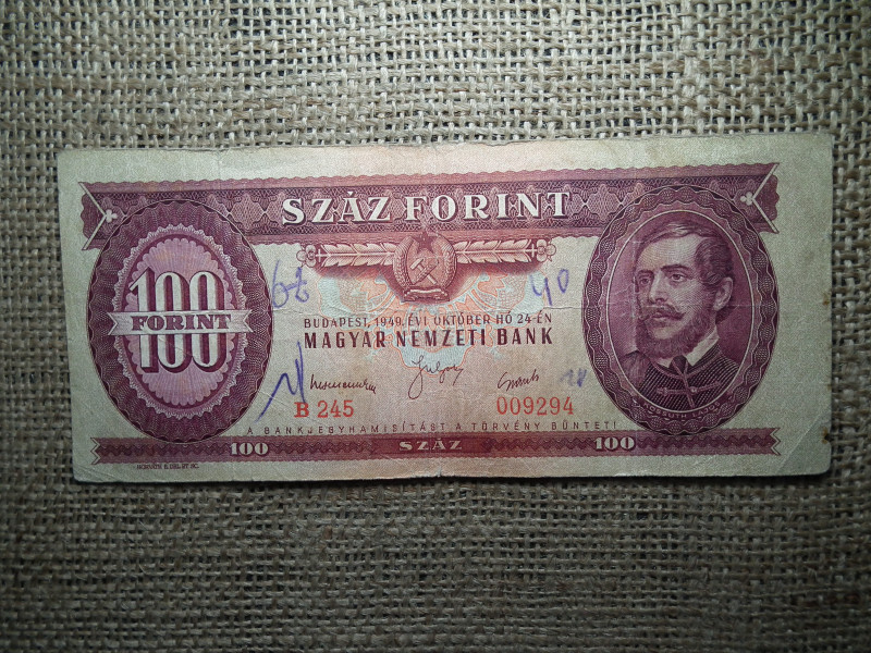 100 forint 1949 , Rákosi címeres , ritkább  , nyomdahibás , vágáshibás , eltolódott 