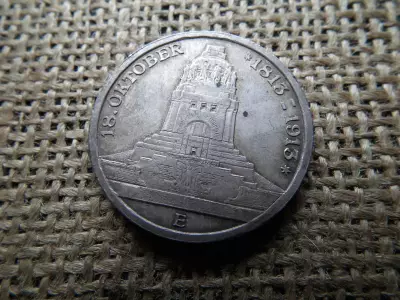 Szász , ezüst 3 márka 1913 E , mark , Lipcsei csata