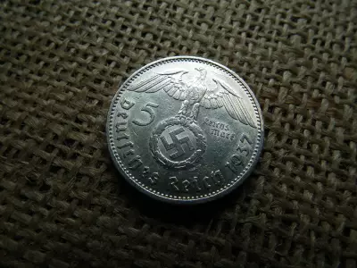 Birodalmi , ezüst 5 márka 1937 E  , Horogkeresztes 