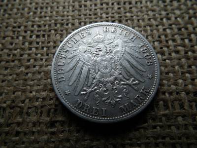 Bajor , ezüst 3 márka 1908 D , Mark , Ottó  Bajor , ezüst 3 márka 1908 D , Mark , Ottó