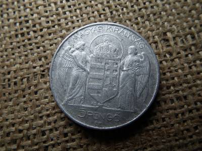 5 pengő 1943 , Magyar címer felülnyomás  5 pengő 1943 , Magyar címer felülnyomás