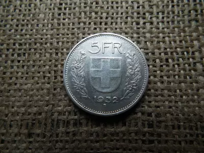 Svájc , ezüst 5 frank 1932 B , francs