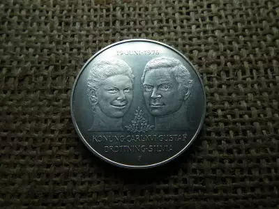 Svédország , ezüst 50 kronor 1976 , XVI. Károly Gustaf királyi esküvő , korona 