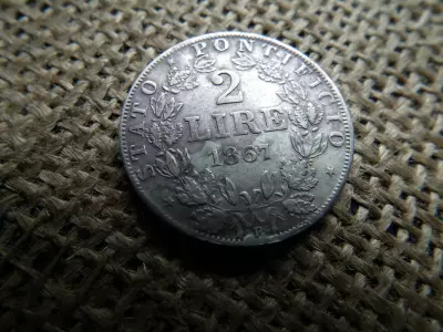 Vatikán , ezüst 2 lire 1867 , líra  , csiszolt perem , IX. Pius