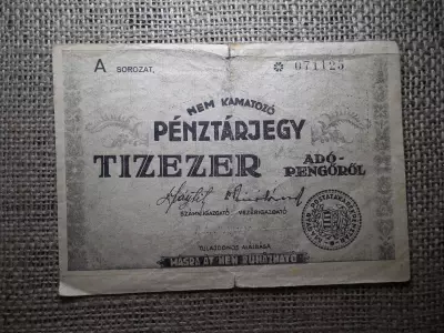 Tízezer nem kamatozó Pénztárjegy 1946 ,  10000 adópengő  , nagyobb , nem lett levágva méretre ! Nyomdahibás , R