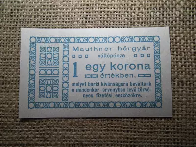 Mauthner bőrgyár váltópénze 1 korona 1919  
