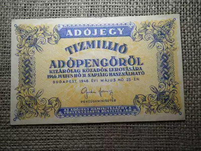 Tízmillió Adópengő 1946  , fordított címer , vízjeles 