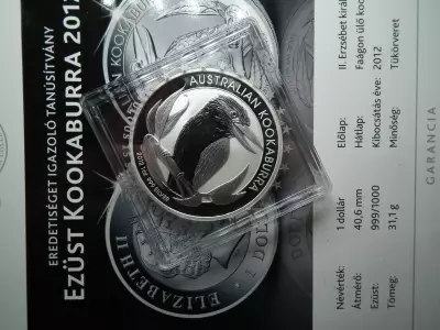 Ausztrália ezüst 1 dollár 2012 – II. Erzsébet 4. portré – ausztrál Kookaburra , ritkább , 1 uncia szín 