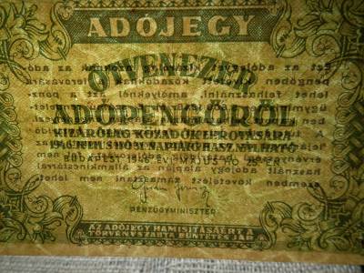 Ötvenezer Adópengő 1946 , sorszám nélkül , vízjeles 