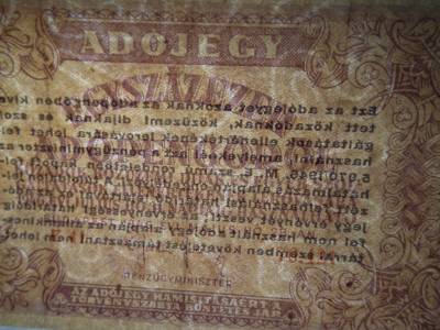 Százezer Adópengő 1946 , sorszámos , vízjeles 