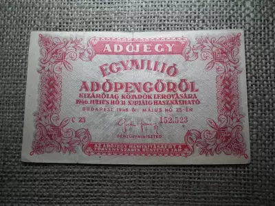 Egymillió Adópengő 1946 , 6 számjegyű sorszám , vízjeles , fordított címer 