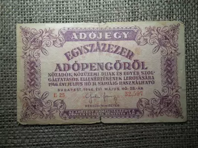100000 , Százezer Adópengő 1946 , nagyon ritka ! Sorszámos , vízjeles ! 5600 / 1946  rendeletszám ! RR ! 