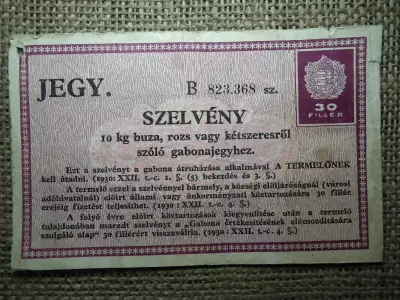 Budapest 1930 , 30 fillér Szelvény 10 kg búza , rozs vagy kétszereséről szóló gabonajegyhez 