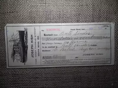 Joseph Kish , West Thomas street , South Bend 1910 május 7 , hajójegy ! Vízjeles , 20 dollár 55 cent , dollar , cents 