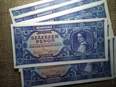Százezer pengő 1945 , kék , 100000  , MINTA , nyomdai másolat , ofszet nyomás , nagyon jó minőségű !